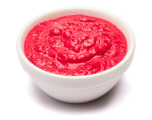Horseradish red sauce in ceramic bowl isolated on white