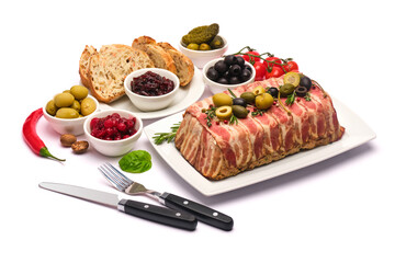 Traditional French terrine covered with bacon isolated on white background