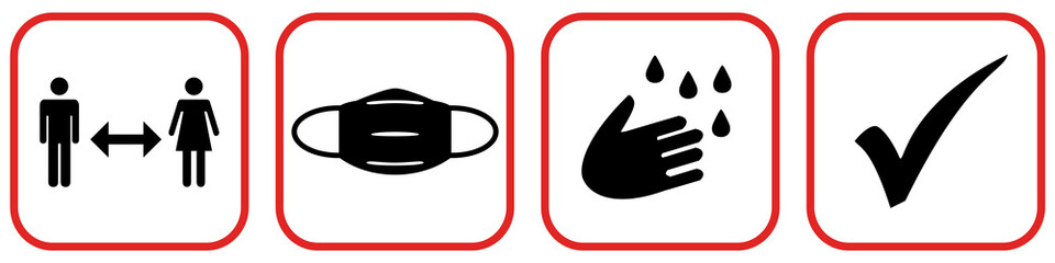 Coronaregeln Banner rot schwarz: Abstand, Mundschutz, Hygiene - obrazy, fototapety, plakaty