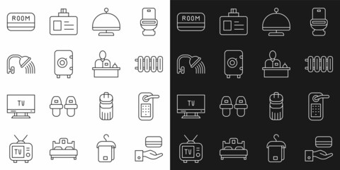 Set line Digital door lock, Heating radiator, Covered with tray, Safe, Shower head, Hotel key card and reception desk icon. Vector