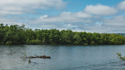 A calm blue river. There are thickets of green forest on the shore. Azure sky. Through the gaps in the clouds, the top of a snow-covered volcano is visible. Kamchatka