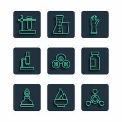 Set line Alcohol or spirit burner, Molecule, Medical rubber gloves, Chemical formula for H2O, Microscope, Test tube flask on stand and icon. Vector