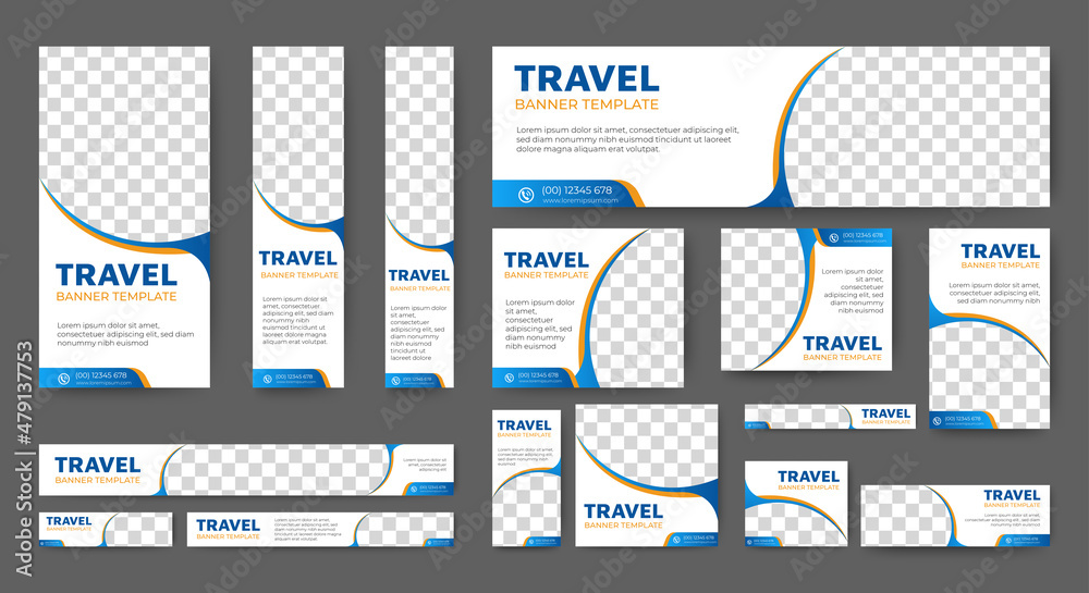 Canvas Prints set of travel banners of standard size with a place for photos. vertical, horizontal and square temp