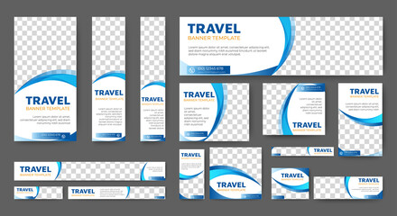 set of travel banners of standard size with a place for photos. Vertical, horizontal and square template. vector illustration
