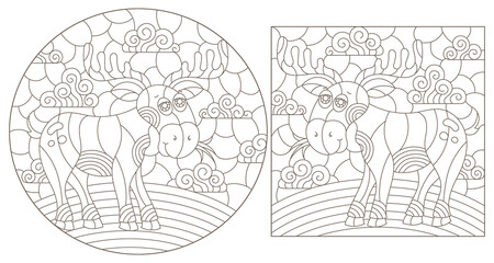 Obraz premium A set of contour illustrations in the style of stained glass with cute cartoon mooses, dark contours on a white background