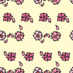 Vector yellow background white pink cherry tree flowers and cherry blossom sakura flowers. Seamless pattern background