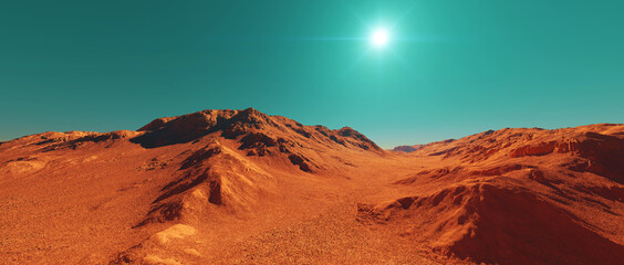 Fototapeta na wymiar Mars planet landscape, 3d render of imaginary mars planet terrain