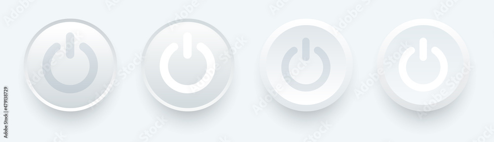 Poster White power buttons, Swich white gray buttons in neumorphic design style with shadow. 3d ui stop and start toggle button for navigation in apps. Neumorphic trendy designs vector illustration.
