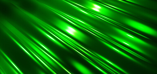 Green metal texture background, interesting striped chrome green waves pattern silk textile wavy design, 3D render illustration.