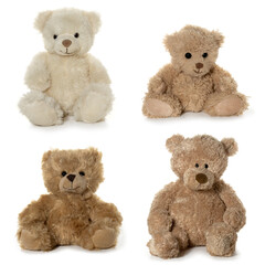 Four different teddy bears on a white background. Full depth of field.
