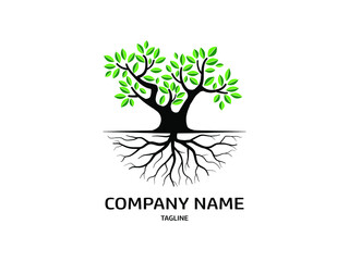 Tree and roots with green leaves look beautiful and refreshing. Tree and roots LOGO style.