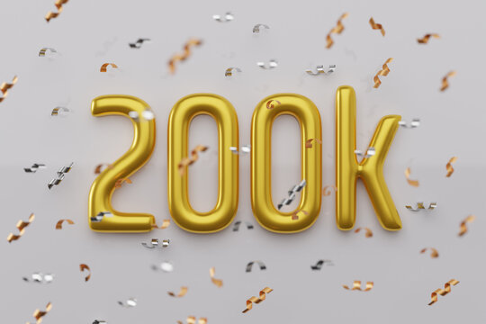 200k followers celebration. Social media achievement poster. 200K golden sign and glossy balloons for network, social media friends and subscribers. 3d render illustration.
