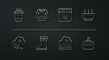 Set line Coffee cup to go, Kite, Bowl hot soup, Windy weather, Waterproof rubber boot, Sweater, Basket and Calendar with autumn leaves icon. Vector