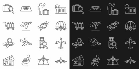 Set line Plane, Globe with flying plane, Tourist suitcase, takeoff, Trolley baggage, Lost and icon. Vector