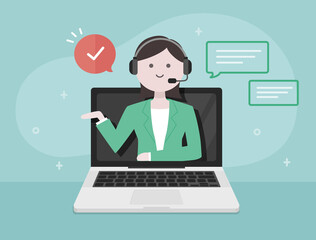 オンラインで説明をするおペーレーター女性のベクターイラスト