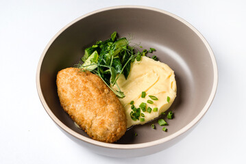 cutlet with mashed potato and salad