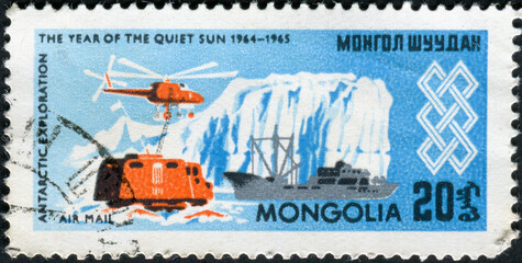 MONGOLIA - CIRCA 1965: stamp printed by Mongolia, shows antarctic exploration. International Year of the Sun series