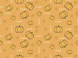 Pumpkin cartoon character seamless pattern on yellow background