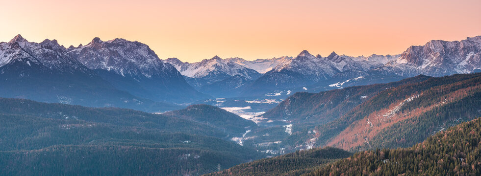 Bavarian sunrise Karwendel mountain chain with a view point from the Herzogstand peak