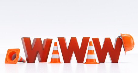 Under construction concept. Road Barrier with Sign and Cones. www, 3D render