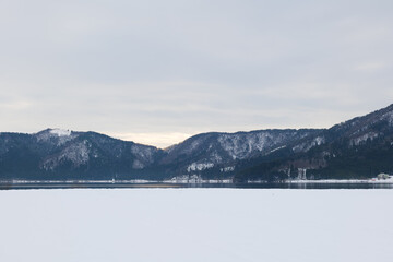 Landscape of snow-covered plains in Shiga Prefecture, Japan in mid-winter.