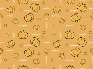 Pumpkin cartoon character seamless pattern on yellow background