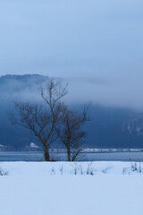 A view of an extremely cold lake covered with snow in the middle of winter.