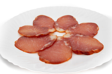 Iberian loin cane. Portion of Iberian loin. The best Spanish sausage, in high demand. Isolated on white background.