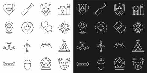 Set line Bear head, Indian teepee or wigwam, Snowflake, Canada flag on shield, Canadian maple leaf, Heart shaped and Christmas mitten icon. Vector