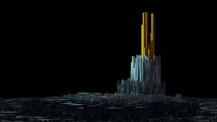 3d render of a tall house, a silver and golden skyscraper made of gold in the dark on a black background. The City of the Future