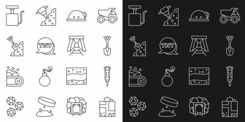 Set line Mine entrance, Construction jackhammer, Shovel, Miner helmet, Dynamite, and stone, Handle detonator and icon. Vector