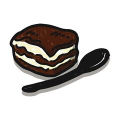 コーヒーに浸したスポンジと、マスカルポーネチーズのクリームが層になったティラミスのイラスト。