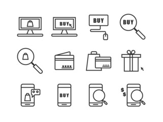 Set of online shopping icons. Thin line icons such as shopping, cart box post, mobile and credit card, e-commerce. Editable stroke. Pixel perfect 64x64 For web and mobile.