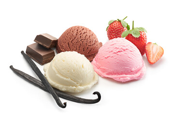 Three scoops of ice cream with ingredients - clipping path included