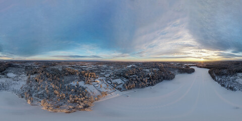Panorama 360 of winter forest and frozen lake