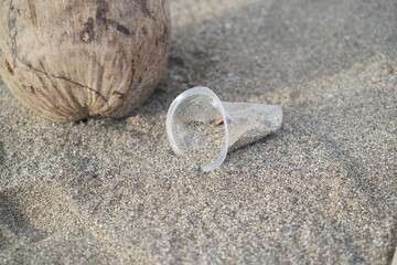 the problem of ecology, a plastic cup in the sand on the beach next to a coconut
