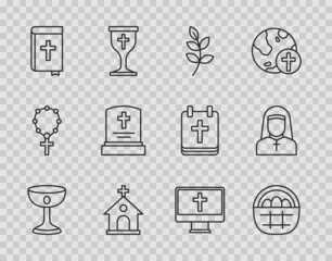 Set line Christian chalice, Basket with easter eggs, Willow leaf, Church building, Holy bible book, Grave tombstone, cross monitor and Nun icon. Vector