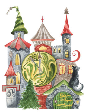 Magic fairy tale castle with clock red anв green