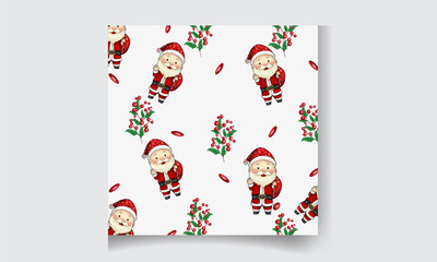 Watercolor vector Christmas seamless pattern with fir branches, Santa Claus, flowers,  gifts and cones.