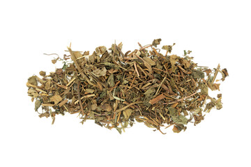 Houttuynia cordata leaf herb used in traditional Chinese herbal medicine on white background. Used to treat pneumonia, hypertension, constipation and hyperglycemia. Yu zing cao.