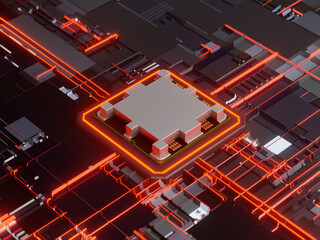 abstract CPU motherboard with red light background