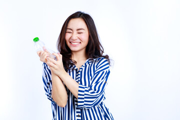 Headshot portrait Asian woman campaign Say no to plastic, reducing plastic waste, reducing global warming in studio light shot isolated on white background. Environment concept