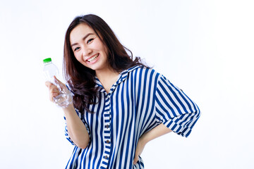 Headshot portrait Asian woman campaign Say no to plastic, reducing plastic waste, reducing global warming in studio light shot isolated on white background. Environment concept