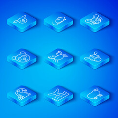 Set line Macaw parrot, Crab, Whale tail in ocean wave, Rhinoceros, Rat head, Cute panda face, Pig and Sheep icon. Vector © Vadim