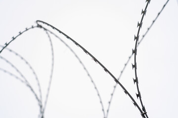 Barbed wire on white cloudy sky background