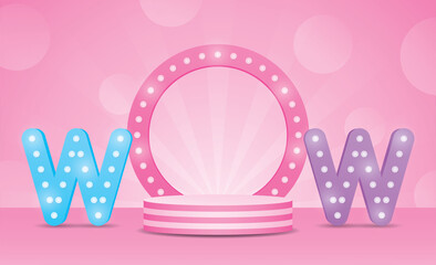 wow light bulb text backdrop display with circle podium 3d illustration vector for putting your object - obrazy, fototapety, plakaty