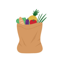 Grocery bag, food, paper package with vegetables. Vector Illustration for printing, backgrounds, covers, packaging, greeting cards, stickers, textile and seasonal design. Isolated on white background.