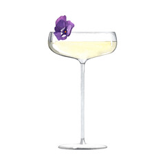 A glass of champagne with pansies. Spring, summer cocktail. Watercolor illustration on isolated white background.