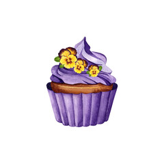 Cupcake with purple cream and pansies. Yellow flowers for decoration and baked goods. Watercolor illustration on isolated white background.