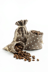 bags with coffee beans on a white background.